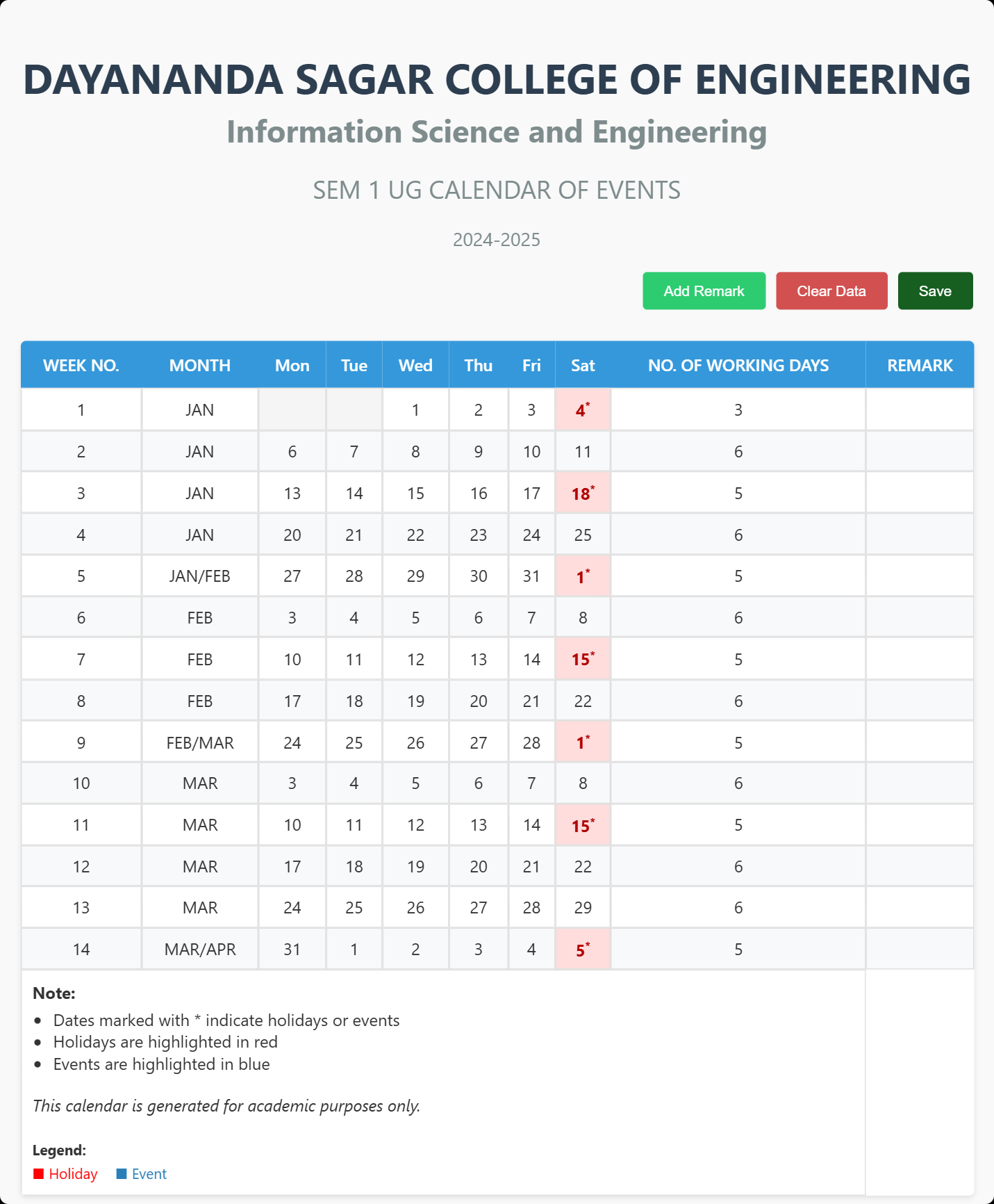 Academic Calendar Generator